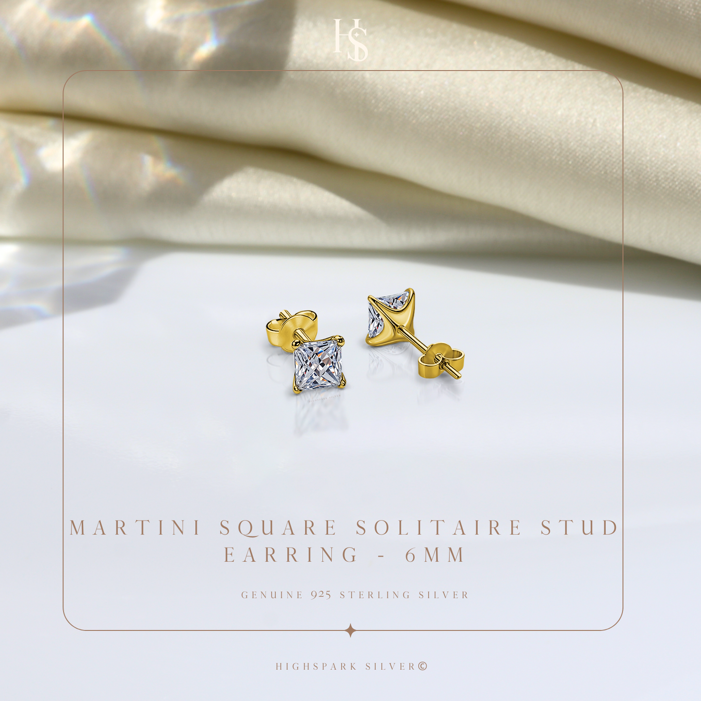 Martini Square Solitire Stud Earring in 925 Sterling Silver with 18k Gold Finish For Women