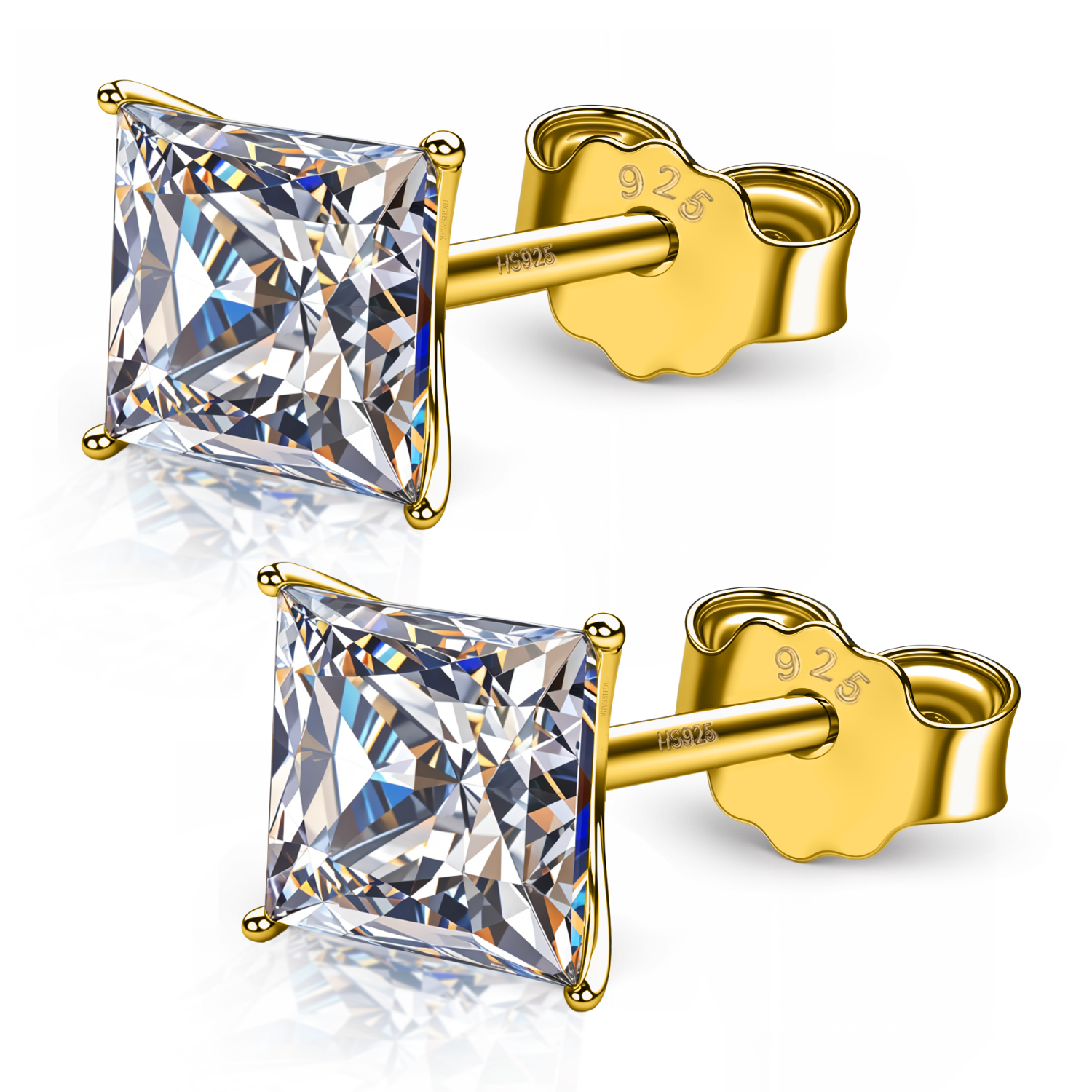 A pair of stud earrings with square-cut American diamond solitaires in a four-prong setting with a gold-plated sterling silver finish.