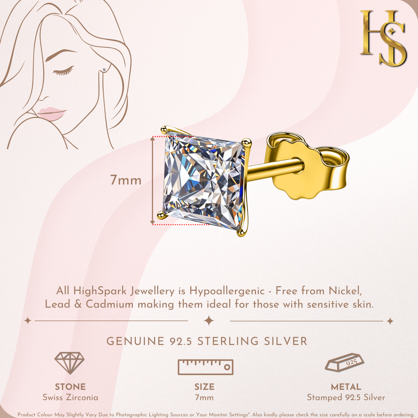 Martini Square Solitire Stud Earring in 925 Sterling Silver with 18k Gold Finish For Women