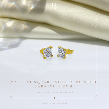 Martini Square Solitire Stud Earring in 925 Sterling Silver with 18k Gold Finish For Women