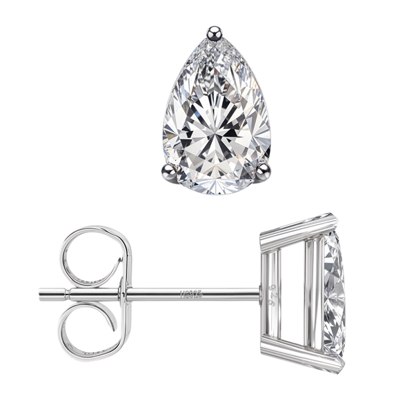 Sterling silver stud earrings with a pear-cut American diamond in a three-prong setting.