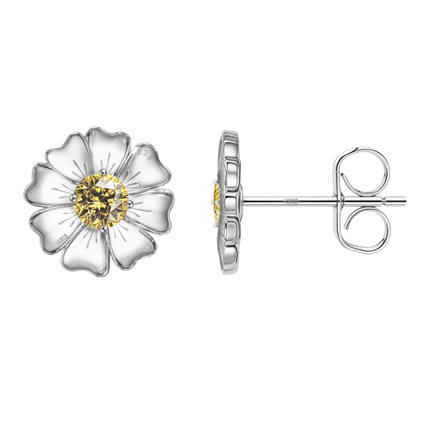 A pair of sterling silver daisy stud earrings with a prong-set yellow American diamond center.