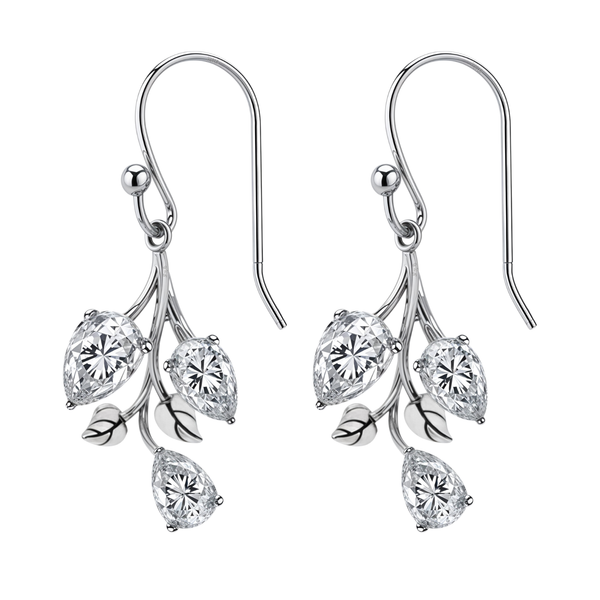 Sterling silver drop earrings with a vine motif featuring three pear-cut American diamonds and small leaf details.