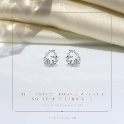 Butterfly Flower Wreath Solitaire Earrings in 92.5 Sterling Silver With Diamond like Brilliance Sparkling Zirconia