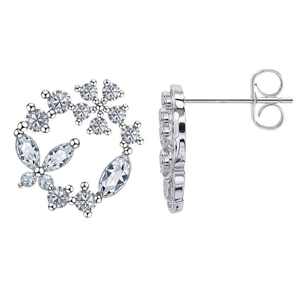 Sterling silver stud earrings in a butterfly and floral wreath design with marquise and round-cut American diamonds on a white background.