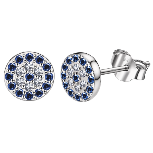 Dark Blue Sparkling Evil Eye Stud Earrings in 925 Sterling Silver For Women