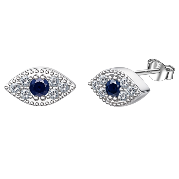 A pair of sterling silver evil eye stud earrings with a central blue stone surrounded by American diamonds and a beaded border.