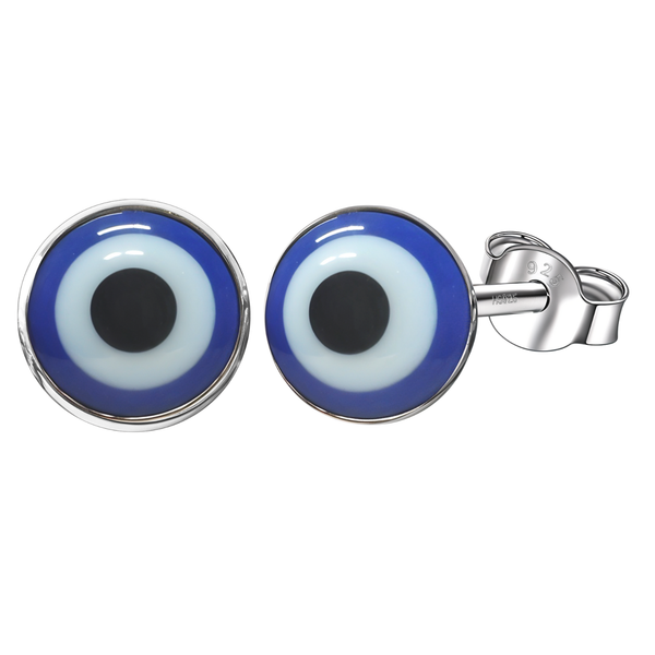 A pair of round evil eye stud earrings with a blue, white, and black enamel motif in a sterling silver bezel setting.