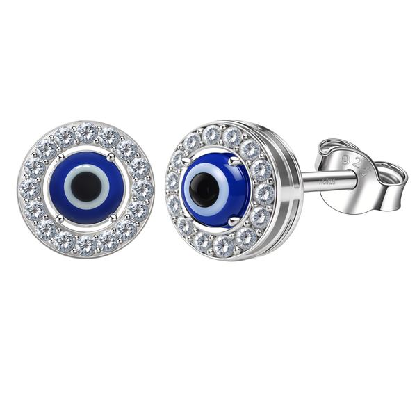 A pair of sterling silver stud earrings with a blue evil eye motif surrounded by a halo of prong-set American diamonds.