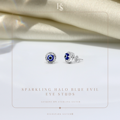 Sparkling Halo Evil Eye Stud Earrings in 925 Sterling Silver for Women
