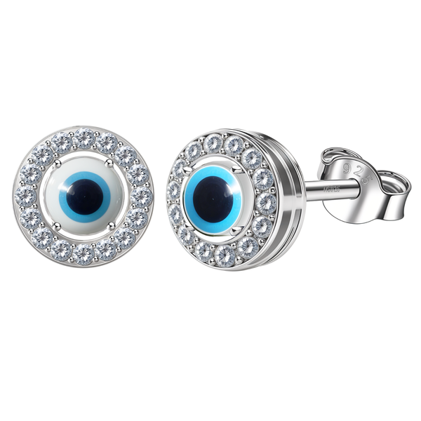 A pair of sterling silver evil eye stud earrings with a halo of prong-set American diamonds on a plain white background.