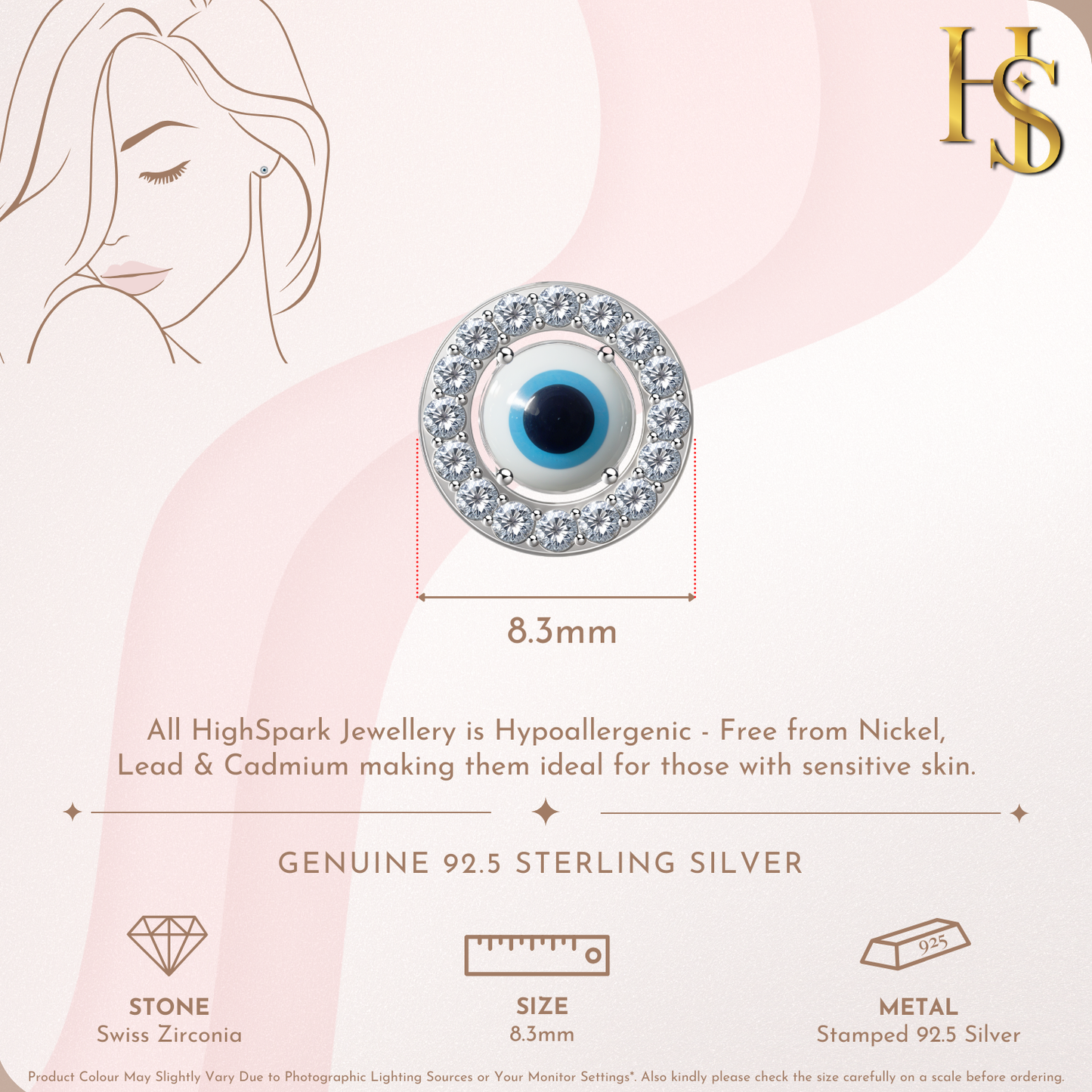 Sparkling Halo white Evil Eye Stud Earrings in 925 Sterling Silver For Women