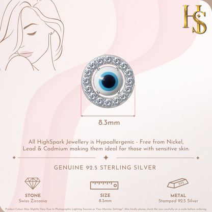 Sparkling Halo white Evil Eye Stud Earrings in 925 Sterling Silver For Women