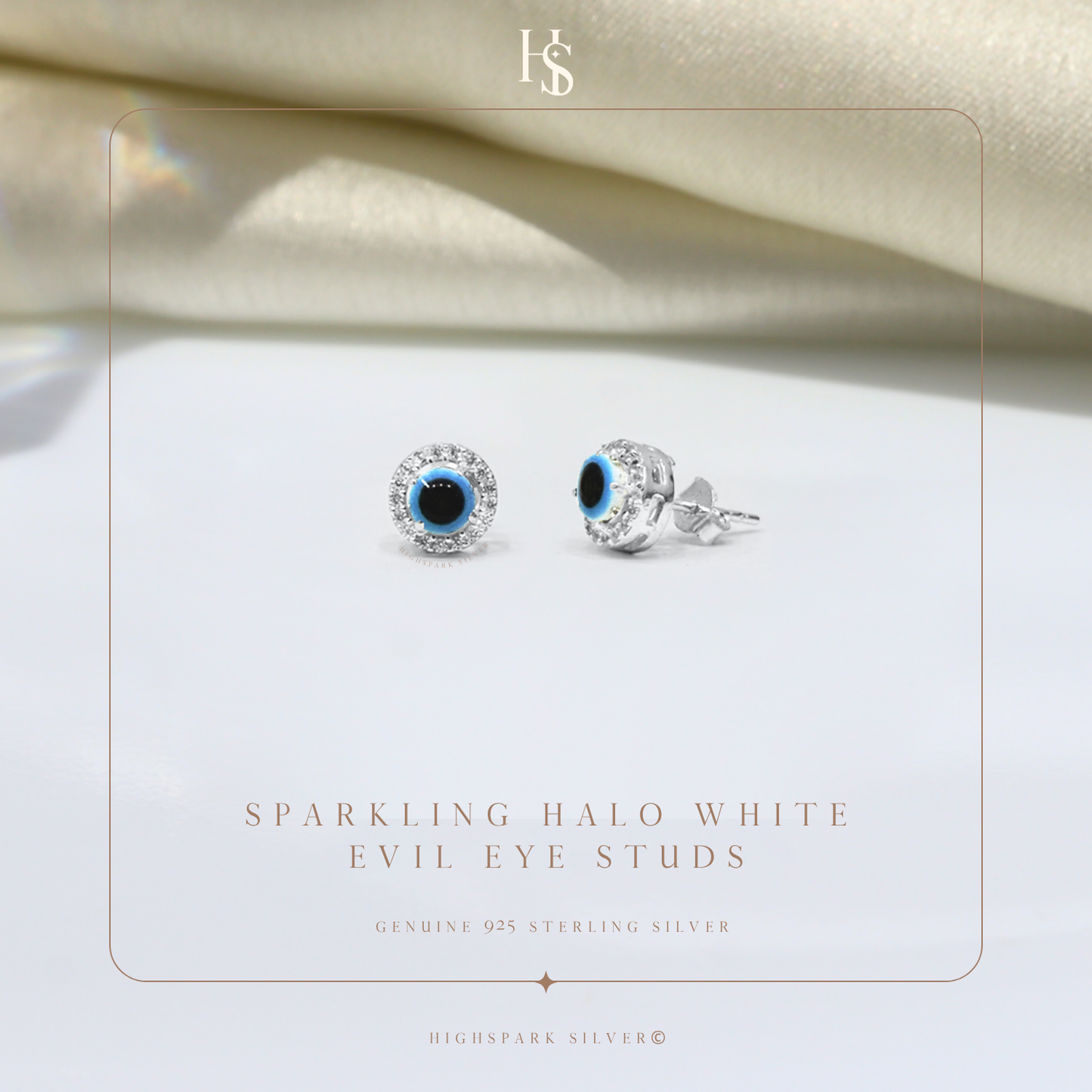 Sparkling Halo white Evil Eye Stud Earrings in 925 Sterling Silver For Women