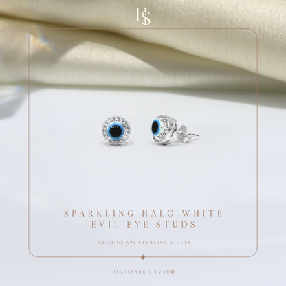 Sparkling Halo white Evil Eye Stud Earrings in 925 Sterling Silver For Women