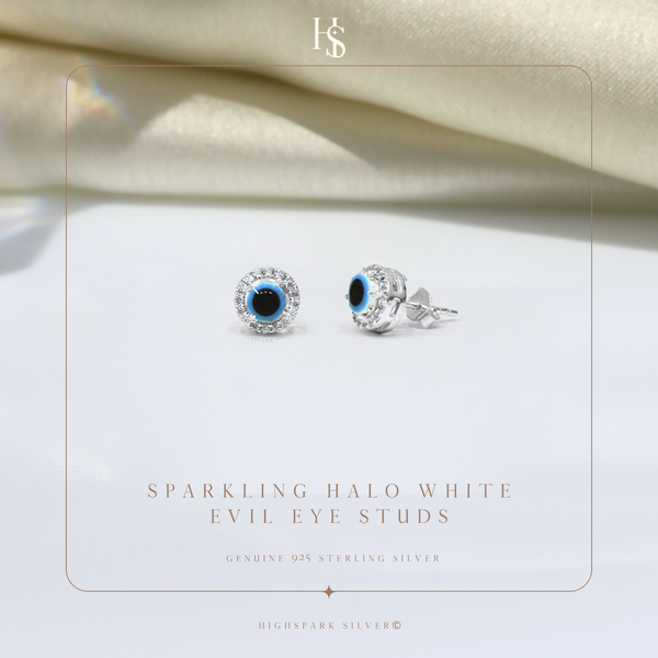 Sparkling Halo white Evil Eye Stud Earrings in 925 Sterling Silver For Women