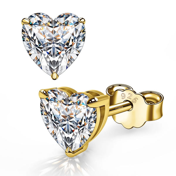 Solitaire Heart Earrings, Gold-Plated American Diamond 925 Silver