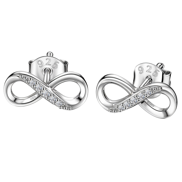A pair of sterling silver infinite earrings in a figure-eight shape, with one loop pave-set with sparkling American diamonds.