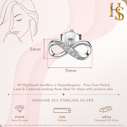 Infinity Stud Earrings in 92.5 Silver studded with Swiss Zirconia