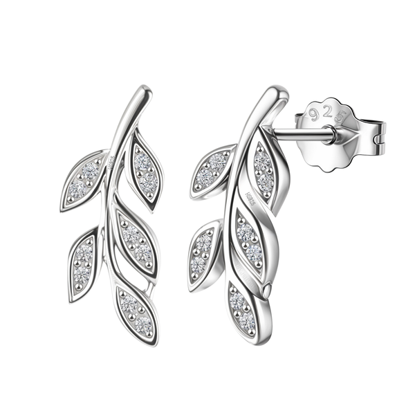 A pair of sterling silver stud earrings shaped like a leafy vine, with each leaf holding three tiny American diamonds.