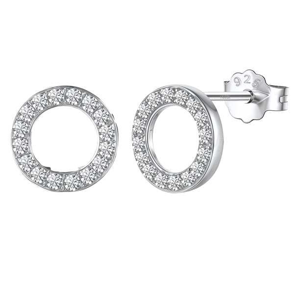 A pair of sterling silver stud earrings in an open circle shape, pavé-set with tiny American diamonds and shown on a white background.