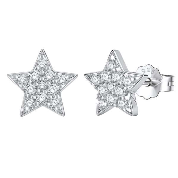 A pair of star-shaped stud earrings paved with tiny American diamonds in a sterling silver setting, shown on a white background.