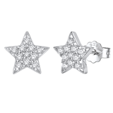 A pair of star-shaped stud earrings paved with tiny American diamonds in a sterling silver setting, shown on a white background.