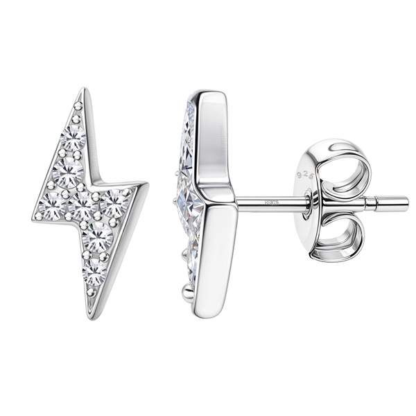 Lightning bolt stud earrings paved with round American diamonds in sterling silver, shown front and side on a white background.