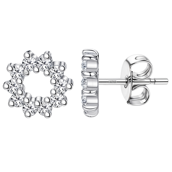 A pair of sterling silver stud earrings in a circular sunburst shape with prong-set American diamonds, shown on a white background.