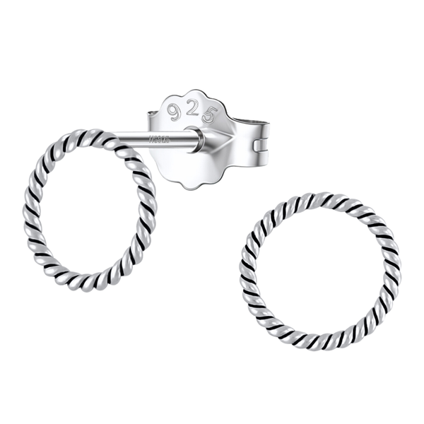 A pair of open circle stud earrings with a twisted rope design in oxidized sterling silver, shown on a white background.