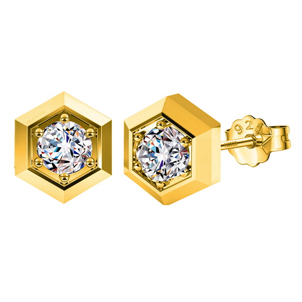 A pair of gold-plated stud earrings with a hexagonal frame and a central round American diamond held in a four-prong setting on a white.