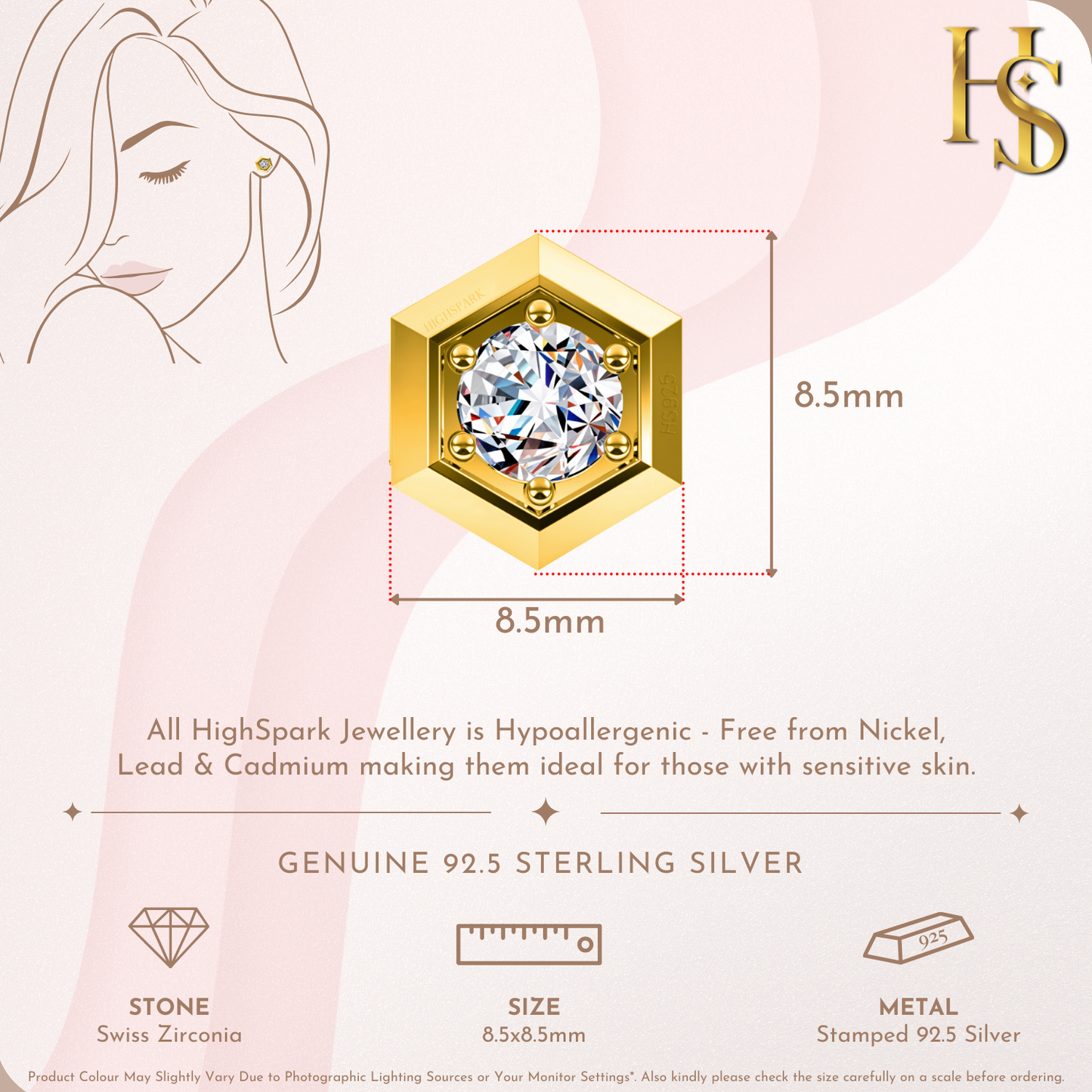Hexagonal Solitaire Stud Earring in 925 Sterling Silver with 18k Gold Finish For Women