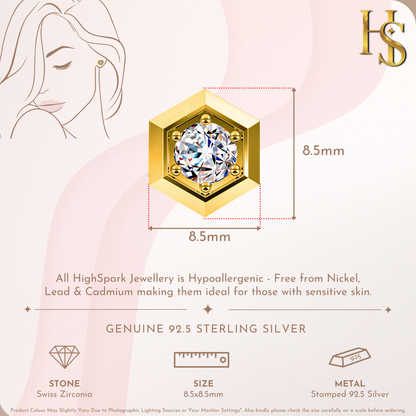 Hexagonal Solitaire Stud Earring in 925 Sterling Silver with 18k Gold Finish For Women