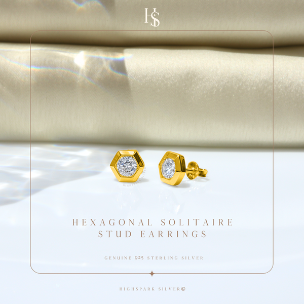 Hexagonal Solitaire Stud Earring in 925 Sterling Silver with 18k Gold Finish For Women