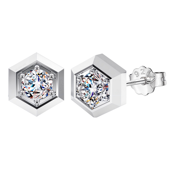Hexagonal stud earrings with a round American diamond in a six-prong setting, shown in sterling silver on a white background.