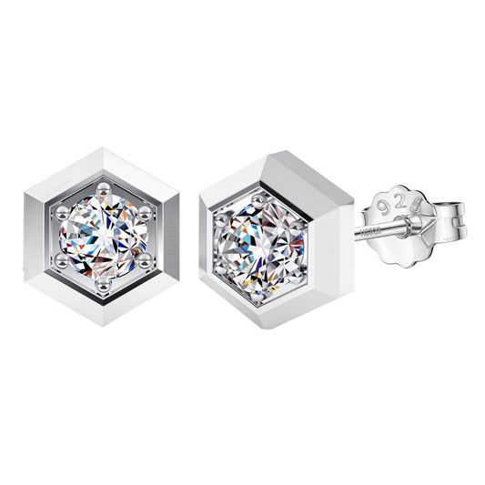 Hexagonal Solitaire Stud Earrings in 925 Sterling Silver with Diamond like Brilliance Zirconia