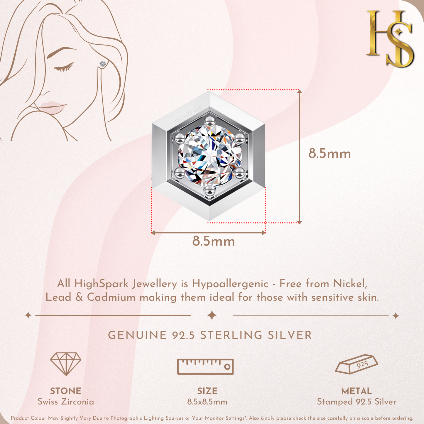 Hexagonal Solitaire Stud Earrings in 925 Sterling Silver with Diamond like Brilliance Zirconia