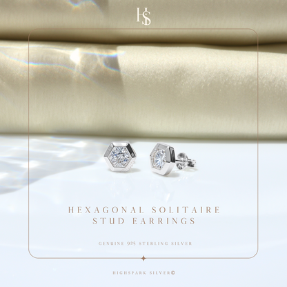 Hexagonal Solitaire Stud Earrings in 925 Sterling Silver with Diamond like Brilliance Zirconia