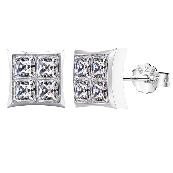 A pair of sterling silver stud earrings with four princess-cut American diamonds invisibly set in a square matrix.