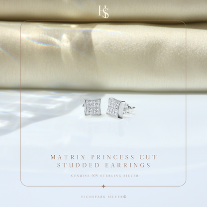 Matrix Princess Cut Studded Earrings in 925 Sterling Silver with Diamond like Brilliance Zirconia