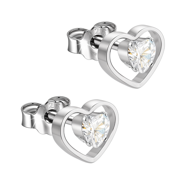 A pair of sterling silver stud earrings with an open heart frame holding a heart-shaped American diamond on a white background.