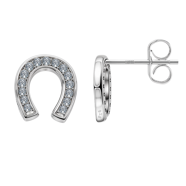 A pair of horseshoe stud earrings with channel-set American diamonds in sterling silver, shown on a white background.