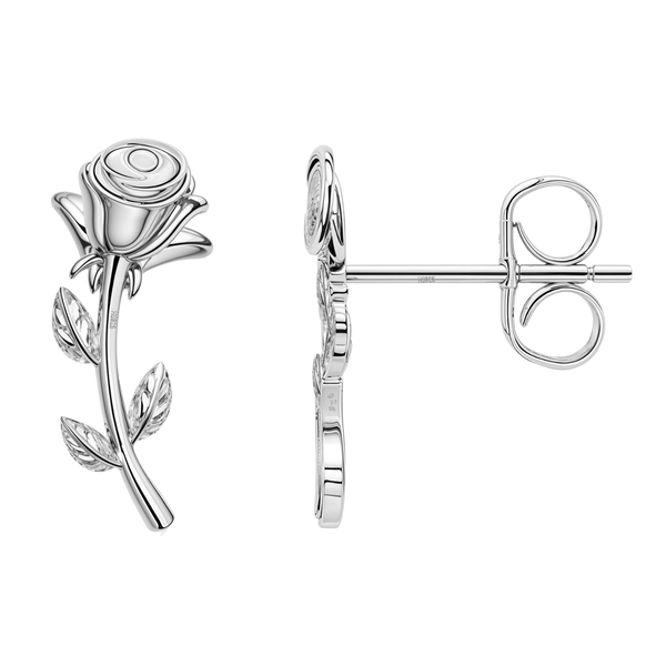 A pair of sterling silver stud earrings shaped like long-stemmed roses with detailed leaves, shown on a plain white background.