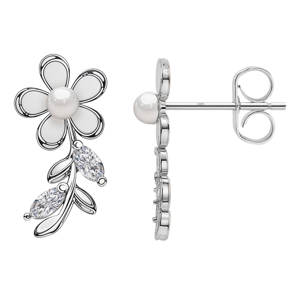 Sterling silver stud earrings with a white enamel flower, a central pearl, and two marquise-cut American diamond leaves.