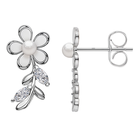 White Pearl Flower Solitaire Earrings in 92.5 Sterling Silver With Diamond like Brilliance Sparkling Zirconia