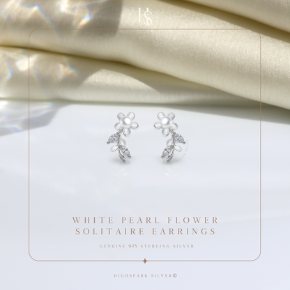 White Pearl Flower Solitaire Earrings in 92.5 Sterling Silver With Diamond like Brilliance Sparkling Zirconia