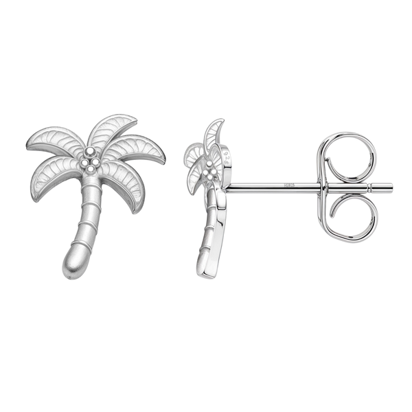 A pair of sterling silver stud earrings in a detailed palm tree shape with a push-back closure, shown on a white background.