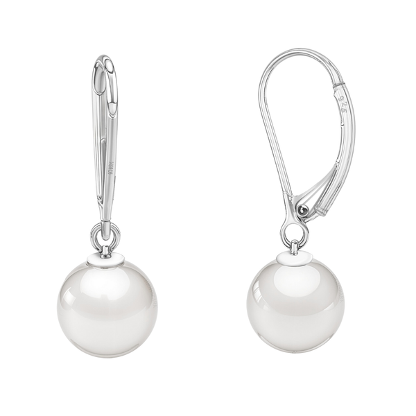 A pair of lever-back earrings with a round white pearl drop, crafted in polished sterling silver and shown on a white background.