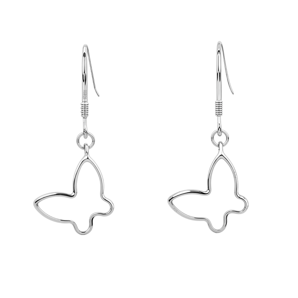 A pair of dangle earrings with an open butterfly outline charm in polished sterling silver, shown on a white background.