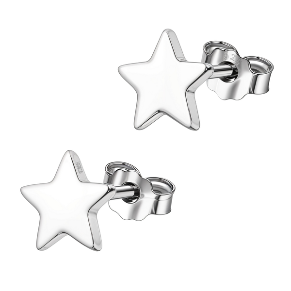 A pair of star-shaped stud earrings in polished sterling silver with push backs, shown on a plain white background.